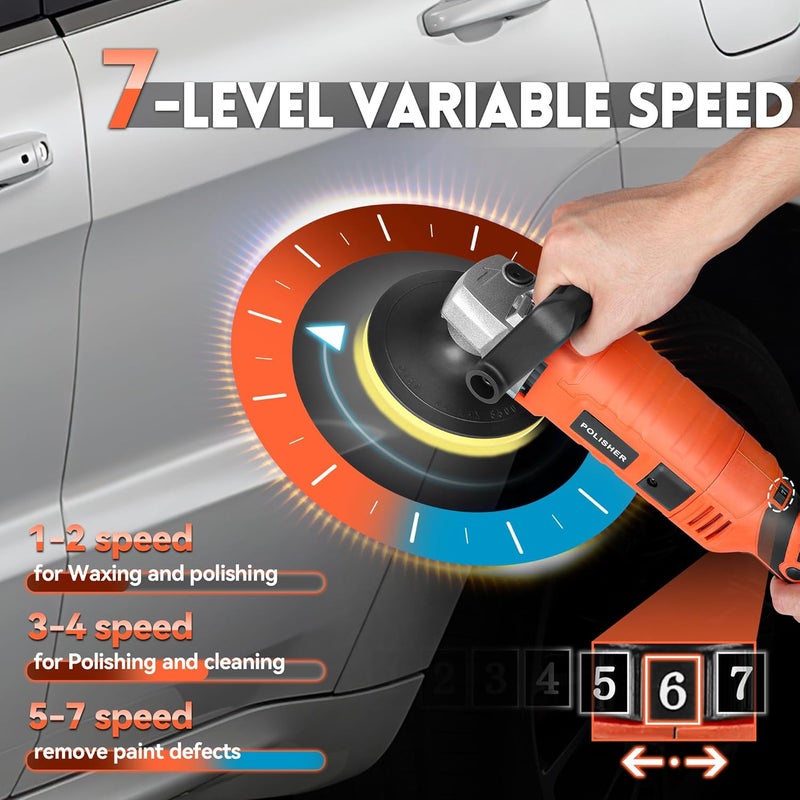 EZISOE Buffer Polisher, Powerful Buffer Waxer, 7 Variable Speed 1000-3500 RPM,Rotary Polisher with 6" and 7" Backing Plate, 1580W Rotary Polisher for Car Polishing, Waxing, Glaze, Sanding - Image 3